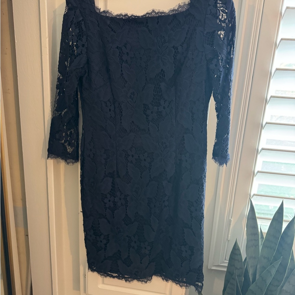 Adrianna Papell Navy Floral Lace Midi Dress - Long Sleeves
